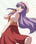  1girl beret bioroid_hei camera green_eyes hat long_hair mirai_nikki nonosaka_mao open_mouth purple_hair skirt solo teeth 