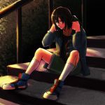  1boy black_hair hood hooded_jacket jacket kousaka_ouji leaf mirai_nikki sitting solo stairs zaku-ro 