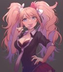  blood blue_eyes breasts cleavage dangan_ronpa enoshima_junko licking long_hair nail_polish necktie red_nails sleeves_rolled_up smile spoon twintails veryberry00 