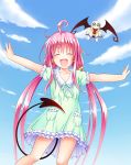  1girl :d ^_^ ahoge blue_sky closed_eyes clouds demon_tail demon_wings dress ffcreatyuuki frills hair_ornament highres lala_satalin_deviluke long_hair low_twintails necktie open_mouth outstretched_arms peke pink_hair short_sleeves sky smile tail to_love-ru to_love-ru_darkness twintails wings younger 