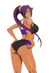  1girl ass back bare_arms bare_legs bare_shoulders bleach breasts cowboy_shot dark_skin from_behind highres large_breasts legs lime_(purple_haze) long_hair looking_back midriff parted_lips ponytail purple_hair shihouin_yoruichi sideboob simple_background sleeveless smile solo sports_bra standing thighs white_background yellow_eyes 