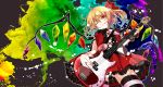  1girl ;q ascot bass_guitar blonde_hair bow cross-laced_clothes electric_guitar flandre_scarlet from_below guitar hair_bow highres instrument kuro_(pixiv213382) no_hat no_headwear one_eye_closed red_eyes side_ponytail skirt skirt_set solo striped striped_legwear thigh-highs tongue tongue_out touhou wings 