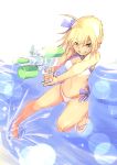  1girl artoria_pendragon_(swimsuit_archer)_(fate) bikini blonde_hair braid fate/grand_order fate/stay_night fate_(series) fu-ta green_eyes highres long_hair saber sandals solo swimsuit water_gun 