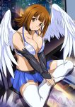  00s 1girl blue_skirt bra breasts brown_eyes brown_hair character_request cleavage collar collarbone detached_sleeves feathered_wings highres ikkitousen indoors large_breasts long_hair looking_at_viewer no_shoes official_art pleated_skirt short_hair sitting skirt smile solo striped striped_bra thigh-highs underwear white_legwear white_wings wings 