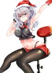  1girl armpits black_gloves blush breasts chair gloves grey_eyes hat hips kantai_collection kashima_(kantai_collection) mike.zen navel office_chair pantyhose red_gloves santa_hat silver_hair smile solo stretch sweat transparent_background twintails 