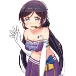  1girl bandeau cheerleader elbow_gloves gloves green_eyes headset leaning_forward long_hair love_live! love_live!_school_idol_project microphone midriff purple_hair skull573 solo toujou_nozomi twintails 