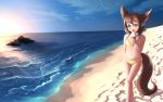  1girl animal_ears beach bikini child clouds day dkoro eyebrows female holding ice_cream licking navel open_mouth original outdoors sand solo swimsuit tail walking water 