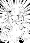  4boys caesar_anthonio_zeppeli clenched_hand dio_brando ene0 facial_mark fingerless_gloves gloves headband jojo_no_kimyou_na_bouken jojo_pose jonathan_joestar joseph_joestar_(young) male_focus monochrome multiple_boys one_eye_closed open_mouth pose scarf smile striped striped_scarf sweatdrop winged_hair_ornament 