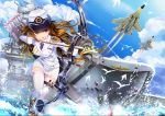  aircraft aircraft_carrier airplane arrow bird bow bow_(weapon) brown_eyes brown_hair clouds epaulettes fighter_jet fourragere fusai hat jet kantai_collection looking_to_the_side military military_uniform military_vehicle miniskirt original parted_lips quiver ship skirt sky thigh-highs uniform warship water watercraft weapon 