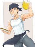  1boy alcohol apron black_hair cup food male_focus muscle solo sweat waiter 