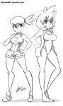  1girl bigdead93 breasts dual_persona female full_body gym_leader kasumi_(pokemon) monochrome nintendo pokemon shorts solo swimsuit white_background 