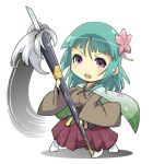  1girl bashou_(senran_kagura) chibi flower green_hair haganemaru_kennosuke open_mouth paint paintbrush senran_kagura senran_kagura_(series) senran_kagura_new_wave solo violet_eyes 