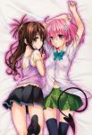  2girls absurdres bed_sheet black_legwear black_skirt brown_eyes brown_hair demon_tail feet green_skirt hair_ornament highres long_hair looking_at_viewer lying midriff momo_velia_deviluke multiple_girls navel no_shoes official_art on_back on_side pink_hair school_uniform shirt short_hair skirt socks soles tail thigh-highs to_love-ru violet_eyes white_shirt yabuki_kentarou yuuki_mikan 