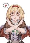  1girl alchemist_(granblue_fantasy) bespectacled blonde_hair blush brown_eyes buttons capelet crossed_arms djeeta_(granblue_fantasy) glasses granblue_fantasy hairband lialight looking_at_viewer open_mouth red-framed_eyewear short_hair short_sleeves simple_background solo spoken_x white_background 
