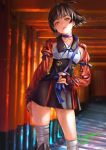  1girl bandage bangs breasts brown_eyes brown_hair choker commentary_request highres japanese_clothes kimono kimono_skirt koutetsujou_no_kabaneri long_sleeves looking_at_viewer mumei_(kabaneri) nakano_tomokazu ribbon ribbon_choker short_hair signature solo standing torii underbust 