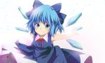  1girl blue_eyes blue_hair blush bow cirno clenched_teeth funnyfunny grin hair_bow highres ice ice_wings outstretched_arms short_hair sleeveless smile solo teeth touhou wings 