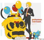  00s 1boy blonde_hair blue_eyes bow bowtie character_name denji_(pokemon) electivire flat_color formal gym_leader looking_at_another loose_necktie male_focus necktie pokemon pokemon_(game) pokemon_dppt red_eyes red_necktie shinx sitting solo suit undone_necktie white_background yellow_eyes yuuichi_(bobobo) 