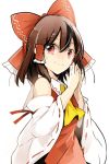  1girl ascot azuma_aya bare_shoulders bow brown_hair detached_sleeves hair_between_eyes hair_bow hair_tubes hakurei_reimu hands_clasped looking_at_viewer red_bow red_eyes sidelocks simple_background smile solo touhou upper_body white_background wide_sleeves 