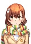  1girl blazer brown_eyes brown_hair flower hair_flower hair_ornament jacket looking_at_viewer misaka_mikoto raika9 scarf school_uniform short_hair solo striped striped_scarf to_aru_kagaku_no_railgun to_aru_majutsu_no_index 