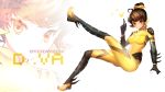  1girl alternate_color alternate_costume arm_at_side artist_name b.va_(overwatch) bangs black_gloves bodysuit boots breasts brown_eyes brown_hair character_name closed_mouth copyright_name d.va_(overwatch) gauntlets gloves hair_bun hand_up headgear heart highres leg_up lips looking_at_viewer medium_breasts nal_(nal&#039;s_pudding) overwatch pauldrons pink_lips ribbed_bodysuit short_hair shoulder_pads simple_background skin_tight solo spoken_heart turtleneck 