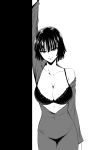  1girl black_bra black_hair bra breasts cleavage collarbone come_hither fubuki_(one-punch_man) greyscale kiyosumi_hurricane large_breasts lips looking_at_viewer monochrome off_shoulder one-punch_man short_hair skindentation smile solo underwear 