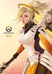  1girl artist_name blonde_hair blue_eyes bodysuit breasts character_name copyright_name cowboy_shot emblem eyebrows eyeliner eyeshadow gradient gradient_background high_ponytail holding holding_staff joycelyn_ong large_breasts lips long_hair looking_at_viewer makeup mechanical_halo mechanical_wings mercy_(overwatch) nose overwatch pantyhose parted_lips pink_background ponytail signature solo staff watermark web_address wings yellow_background yellow_wings 