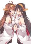  2girls :d ahoge awa_yume black_hair black_legwear boots breast_press breasts brown_eyes brown_hair detached_sleeves double_bun from_side hairband hand_holding haruna_(kantai_collection) headgear kantai_collection kongou_(kantai_collection) large_breasts long_hair multiple_girls nontraditional_miko open_mouth ribbon-trimmed_sleeves ribbon_trim sideboob simple_background smile symmetrical_docking thigh-highs thigh_boots violet_eyes 