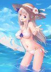  1girl :d absurdres bandeau bikini blue_eyes blue_sky breasts cleavage clouds flower grey_hair hair_flower hair_ornament half_updo hat highres lexington_(zhan_jian_shao_nyu) long_hair looking_at_viewer migimura_sakimori navel o-ring_bottom open_mouth sky smile solo strapless straw_hat surfboard swimsuit under_boob wading water wet white_bikini zhan_jian_shao_nyu 