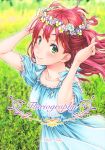  1girl absurdres copyright_name cover dress floriography flower frilled_dress frills green_eyes highres looking_at_viewer mizutani_tooru pansy pink_hair short_hair smile solo wind wreath 