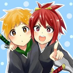  1boy 1girl abarai_ichika bleach blue_background brown_eyes haruka_(yakitoritabetai) japanese_clothes kurosaki_kazui orange_hair pointing pointing_at_viewer red_eyes redhead short_hair short_ponytail simple_background smile spoilers sword upper_body weapon 