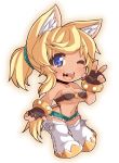  1girl ;d animal_ears beltbra black_gloves blonde_hair blue_eyes boots bracelet breasts chibi cleavage crazy_developers dark_skin denim denim_shorts fangs fingerless_gloves gloves jewelry large_breasts liru long_hair midriff navel o-ring_top one_eye_closed open_mouth outline ponytail renkin_san-kyuu_magical_pokaan short_shorts shorts simple_background smile solo suspenders tail thigh-highs thigh_boots whisker_markings white_background wolf_ears wolf_tail 
