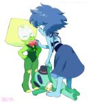  2girls :3 adjusting_clothes artist_name barefoot blue_hair blue_skin bodysuit bow bowtie closed_eyes feet forehead_jewel green_hair green_skin hands_on_hips height_difference kohira-san lapis_lazuli_(steven_universe) multiple_girls peridot_(steven_universe) simple_background smile steven_universe stuffed_alien stuffed_toy tiptoes toes tumblr_username visor white_background 