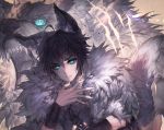  1boy ahoge animal_ears aqua_eyes artist_name black_hair cookie_run copyright_name fur jewelry kawacy necklace open_mouth personification wolf wolf_ears 