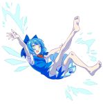  1girl aimai-me barefoot blue_eyes blue_hair bow cirno dress feet flying full_body hair_bow ice ice_wings looking_at_viewer neck_ribbon open_mouth ribbon shirt short_hair simple_background smile solo touhou white_background wings 