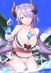  1girl :d bare_shoulders between_breasts bikini blue_eyes blurry breasts cleavage clouds depth_of_field doraf granblue_fantasy hair_ornament hair_over_one_eye holding horns large_breasts lavender_hair long_hair looking_at_viewer mob. narumeia_(granblue_fantasy) open_mouth palm_tree pointy_ears ramune sky smile solo swimsuit thigh_strap tree very_long_hair water white_bikini 