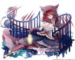  1girl 2016 animal_hood anklet bati15 breasts brown_eyes brown_gloves chains cleavage dress flower full_body gloves hood jewelry kai-ri-sei_million_arthur lantern looking_at_viewer million_arthur_(series) official_art redhead rose sitting solo tail watermark 