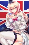  1girl blonde_hair blue_eyes braid breasts cleavage crotch crown cup dress french_braid garter_belt garter_straps hair_between_eyes hairband highres kantai_collection long_hair long_sleeves mini_crown panties silly_(marinkomoe) sitting smile solo teacup thigh-highs underwear union_jack united_kingdom warspite_(kantai_collection) white_dress white_legwear 