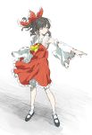  1girl aimai-me ascot black_hair bow brown_eyes detached_sleeves full_body hair_bow hair_tubes hakurei_reimu nontraditional_miko pointing shoes short_hair socks solo standing touhou white_background wide_sleeves 