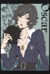  1boy androgynous belt black_hair blue_eyes breast_padding character_name collarbone crossdressinging dress half-closed_eyes lupin_iii male_focus necklace open_clothes oscar_(lupin) parted_lips school_uniform shijima_tohiro simple_background solo trap uniform upper_body wavy_hair wig 