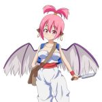  1girl alternate_hairstyle bag bird_ears bird_wings blush breasts cato_(monocatienus) collarbone cosplay dragon_quest dragon_quest_iii knife looking_at_viewer merchant_(dq3) merchant_(dq3)_(cosplay) mystia_lorelei piercing pink_eyes pink_hair shoulder_bag smile solo touhou white_background wings 