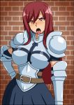  armor blush erza_scarlet fairy_tail heart heart-shaped_pupils open_mouth redhead skirt symbol-shaped_pupils tongue tongue_out 