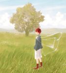  1boy cape full_body highres looking_at_viewer namito original pants redhead short_hair sky solo tree white_pants 