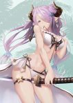  1girl absurdres between_breasts between_legs bikini blue_eyes breasts cleavage cowboy_shot doraf double_bun earrings frilled_bikini frills granblue_fantasy hair_ornament hair_over_one_eye hand_on_own_chest heart heart-shaped_pupils highres holding holding_sword holding_weapon horns jewelry katana large_breasts lavender_hair leaning_forward long_hair miya-ki_(miya_key) mouth_hold narumeia_(granblue_fantasy) navel pointy_ears smile solo swimsuit sword symbol-shaped_pupils thigh_strap twintails weapon white_bikini 