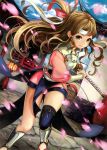  1girl armor battoujutsu_stance brown_hair cherry_blossoms curly_hair fighting_stance fire_emblem fire_emblem_cipher fire_emblem_if headband highres japanese_clothes katana kazahana_(fire_emblem_if) long_hair looking_at_viewer official_art petals shin_guards single_thighhigh solo sword thigh-highs weapon yellow_eyes 