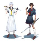  2boys black_gloves brown_hair crossdressinging gloves katana kneehighs male_focus molly money_gesture multiple_boys one_eye_closed ookurikara open_mouth partly_fingerless_gloves school_uniform serafuku smile sword tattoo touken_ranbu tsurumaru_kuninaga weapon white_hair white_legwear yellow_eyes 