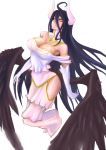  1girl ahoge albedo armpits bare_shoulders black_hair black_wings breasts cleavage demon_girl demon_horns dress gloves highres hip_vent horns large_breasts long_hair looking_at_viewer overlord_(maruyama) slit_pupils solo taa_(gtososgto) very_long_hair white_background white_dress white_gloves wings yellow_eyes 