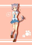  1girl animal_ears black_hair blue_eyes burn_scar cat_ears cat_tail dorei_to_no_seikatsu_~teaching_feeling~ full_body hair_ribbon highres kemonomimi_mode long_hair looking_at_viewer necktie panties pantyshot paw_pose paw_print pink_panties pleated_skirt ponytail ribbon scar shadow shirt shoes simple_background skirt smile socks solo sylvie_(dorei_to_no_seikatsu) tail tail_ribbon underwear white_shirt xiedai_youxian_dianhua 