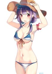  1girl adapted_costume ahoge alternate_costume arm_strap armpits bikini blush breasts cleavage front-tie_top gin00 gluteal_fold hair_between_eyes hair_flaps halter_top halterneck hands_on_headwear hat highres holding holding_hat kantai_collection long_hair looking_at_viewer low_twintails midriff navel open_mouth purple_hair red_eyes shiny shiny_skin sideboob skindentation solo standing sun_hat swimsuit taigei_(kantai_collection) thigh_gap twintails under_boob wavy_mouth whale 