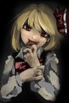  1girl ascot blonde_hair bow dark fang hair_bow head_tilt nurupo_(abooon) open_mouth red_eyes rumia saliva solo tongue tongue_out touhou 