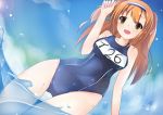  1girl breasts clothes_writing clouds hairband i-26_(kantai_collection) kantai_collection large_breasts light_brown_eyes light_brown_hair long_hair misu_t_(ccc) name_tag new_school_swimsuit ocean open_mouth sky smile solo two_side_up water 